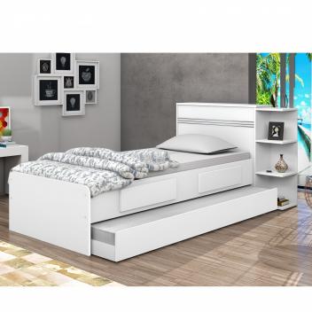 Conjunto Cama Solteiro Jade com Baú 2 Gavetas e Cama Auxiliar Siena Móveis Branco